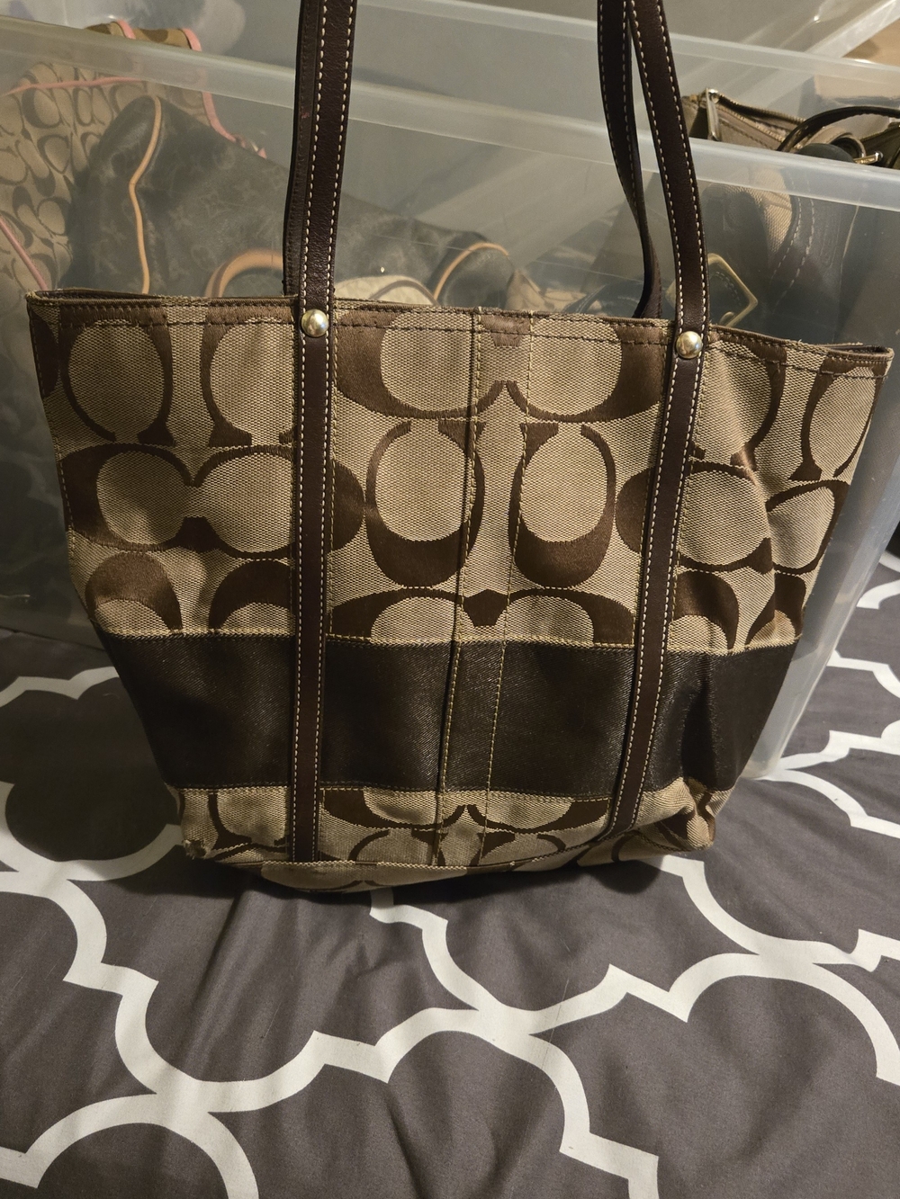 Coach Brown Signature Jacquard Canvas Tote with Dark Brown Leather Trim